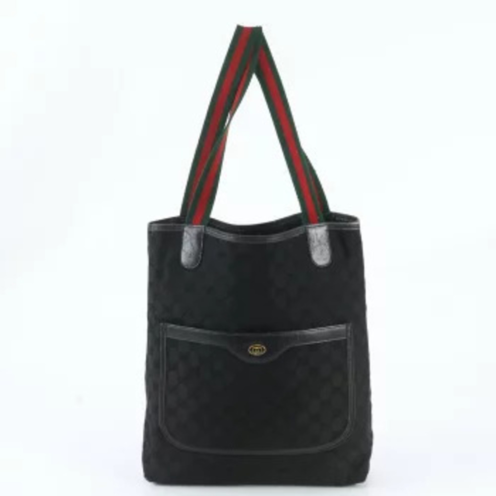Gucci GG Canvas Sherry Leather Shoulder Tote Bag Black